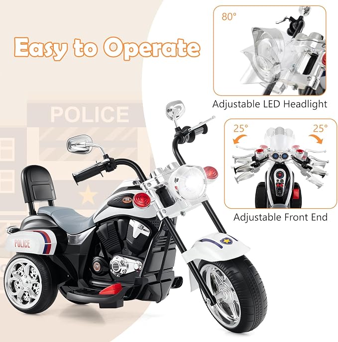 Costzon Kids Motorcycle, 6V Battery Powered Ride on Chopper Motorcycle w/Horn, Headlight, 3-Wheel Stable Ride on Toys, Electric Toddler Motorcycle for Kids, Gift for Boys Girls (Police White)