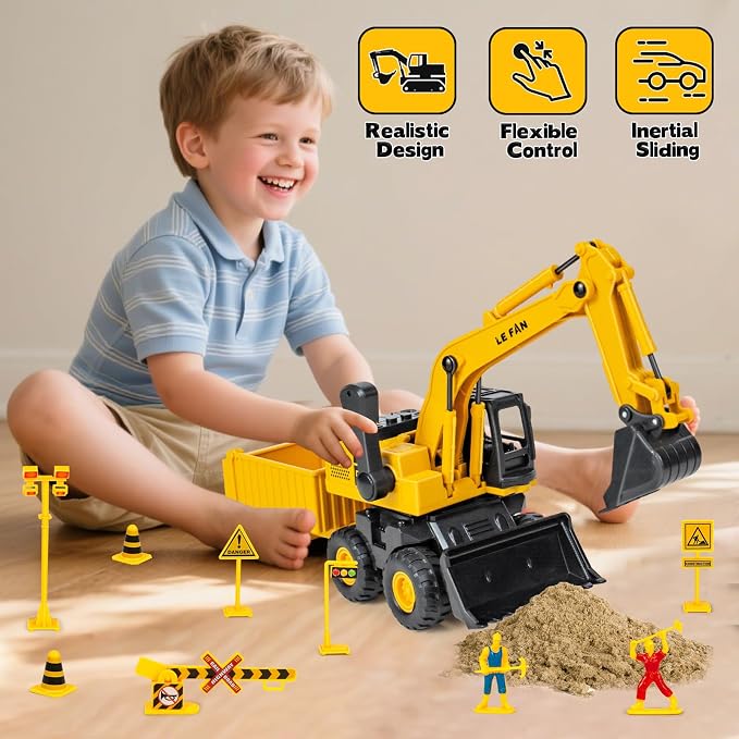 Kids Construction Toys for Boys - 3 in 1 Excavator, Crane and Dump Trucks with Road Signs for Toddlers Ages 3-5, Friction Power Construction Vehicles Model Car, Transport Truck Playset Birthday Gifts
