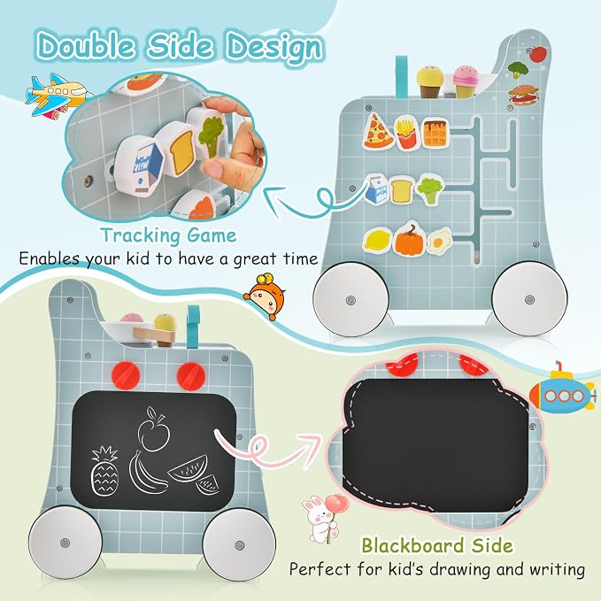 HONEY JOY Baby Push Walker, 6-in-1 Wooden Play Kitchen Walker Activity Center w/Shape Sorter & Blackboard, Develop Motor Skills, Push Toys for Babies Learning to Walk, Gift for Boys and Girls (Blue)
