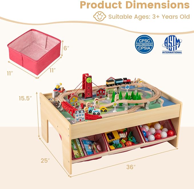 HONEY JOY Train Table, Wooden Kids Activity Table with 3 Storage Bins, 94 Multicolor Pieces, Tracks, Trains, Cars, Toddler Train Table Set with Reversible Tabletop, Gift for Boys Girls Age 3+