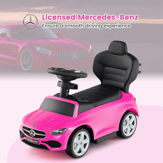 OLAKIDS Push Car for Toddlers, 3 in 1 Licensed Mercedes Benz Baby Sliding Walking with Parent Control Handle Adjustable Canopy Guardrail Under Seat Storage, Kids Ride on Toys with Horn (Pink)