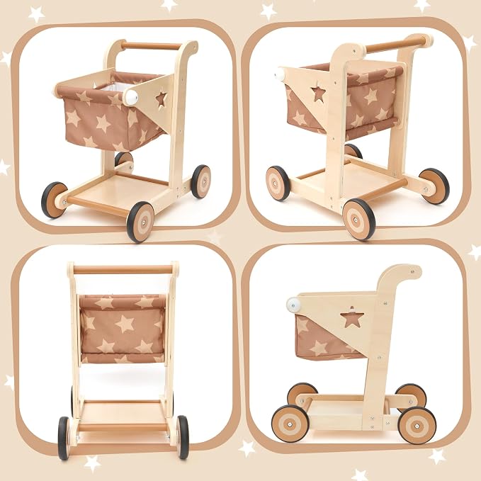 Asweets 2 in 1 Wooden Baby Walker Push and Pull Doll Stroller, Shopping Cart Learning Walker for Boys and Girls, Sit Stand Learning Toddler Toy (Brown)