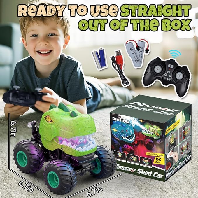 Drefirsa Dinosaur Remote Control Car for Boys 4-7 8-12, 50min+ Runtime RC Car with Spray, LED Light, 360° Rotating & 90° Driving, RC Monster Truck Toy for Kids Birthday