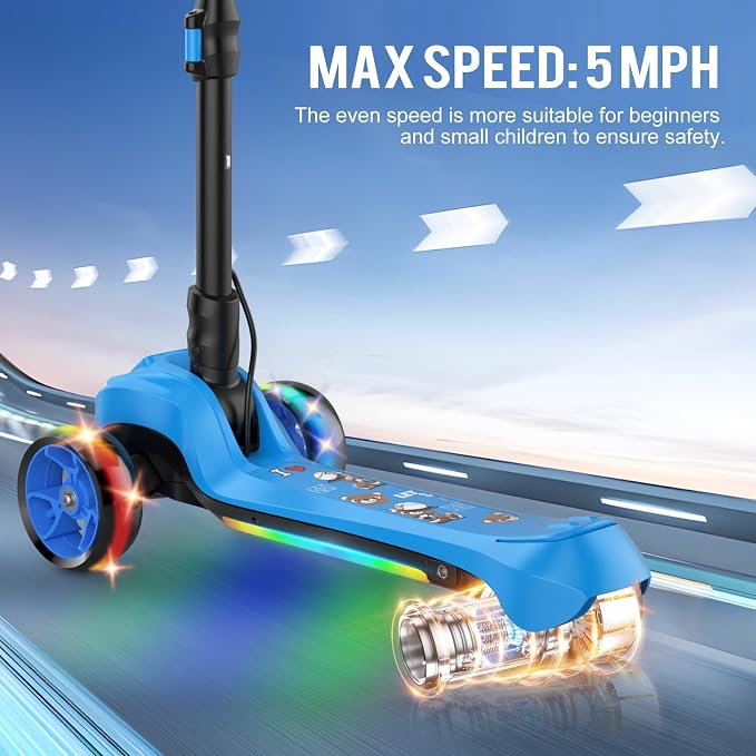 Electric Scooter for Kids Ages 3-8, 3 Wheels Electric Scooter, Electric Kick Scooter with 2 Speeds, Long Battery Life, Flashing LED Wheels, Adjustable Height, B2 with Bluetooth Music for Boys/Girls