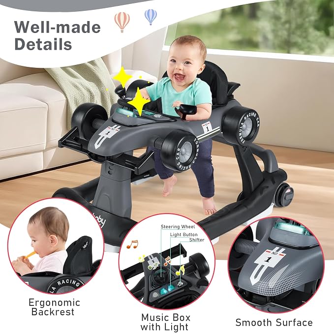 BABY JOY 4-in-1 Baby Walker, Foldable Activity Walker with Adjustable Height & Speed, Music, Lights, Anti-Rollover, Toddler Push Walker, Baby Walker with Wheels for Boys Girls 6-18 Months (Gray)