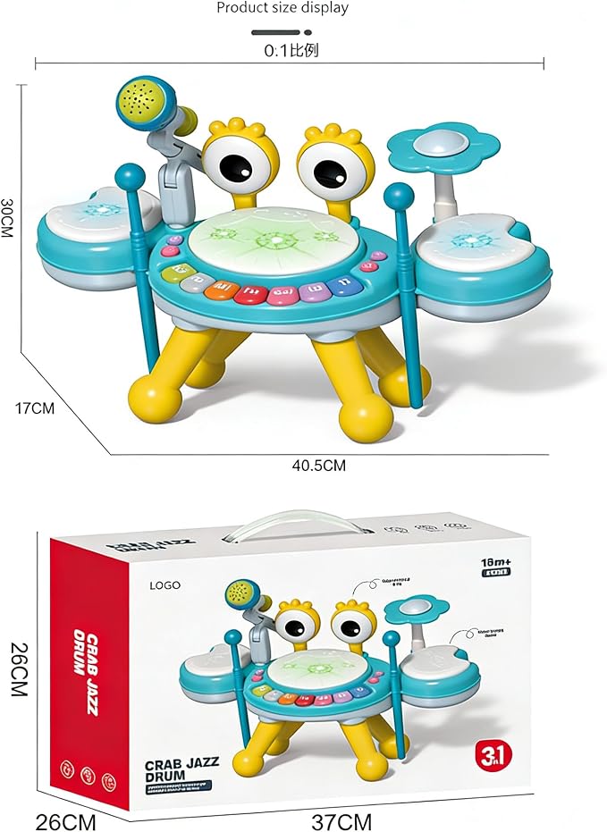 Kids Drum Set for Toddlers 1-3, Baby Drum Set Musical Toys with Light Up Microphone & 2 Sticks, Musical Instruments Montessori Learning Toys for 1 Year Old, Birthday Gift for Boys Girls