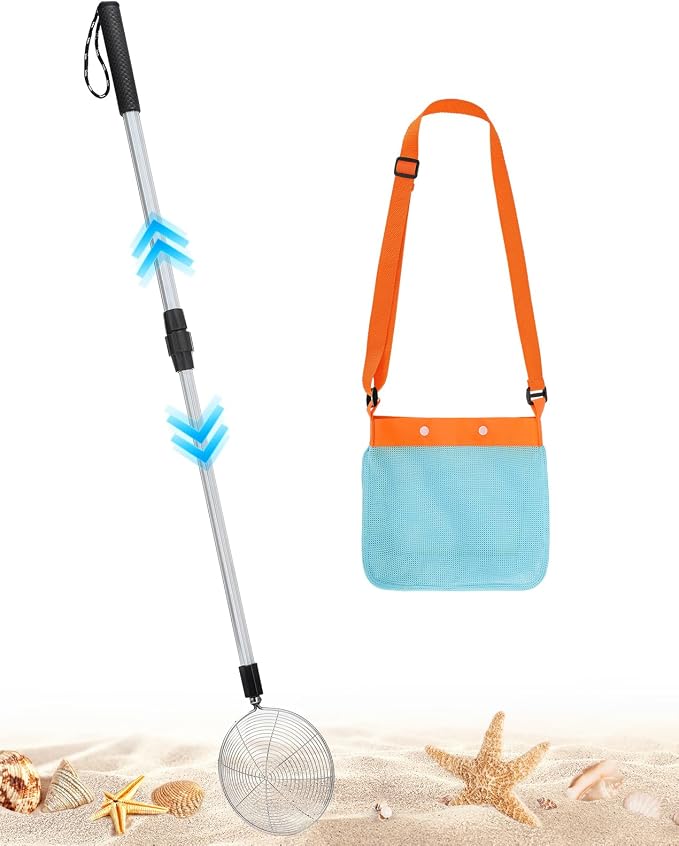 1 Pack Sand Sifter with Seashell Bag- 21.6"~33" Adjustable Shark Tooth Sifter & Sea Shell Bags for Beach Seashell Collecting, Shelling Tools Scooper with Retractable Handle, Beach Toys for Adults Kids