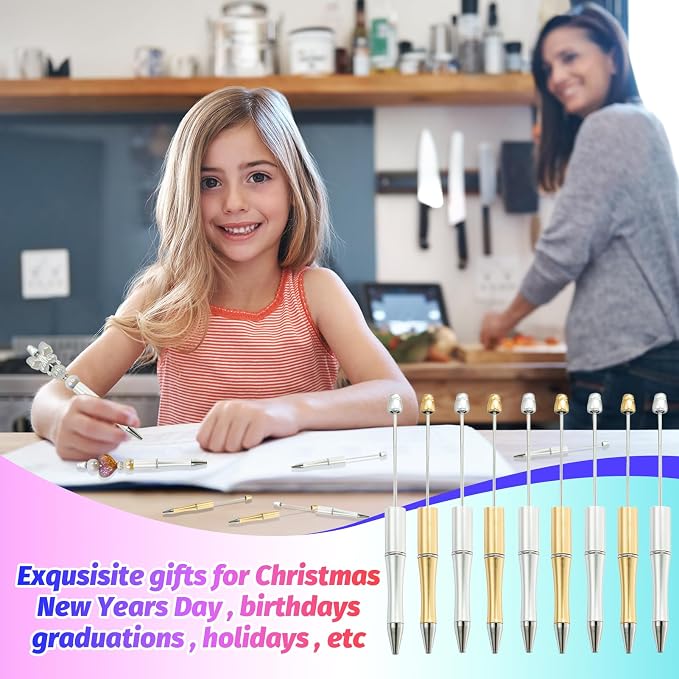 150 Pieces DIY Beadable Pen Kit – 50 Plastic Ballpoint Pens with Refills & Bags – School Supplies, Office Accessories & Decorative Items for Students & Teachers (Silver and Gold)