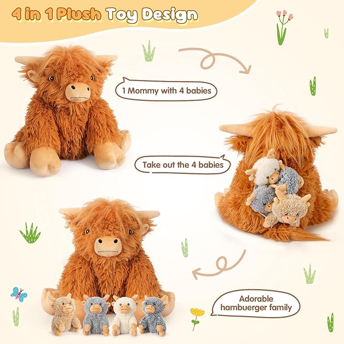 SuzziPals 5-in-1 Highland Cow Stuffed Animals with Babies Inside, 5PC Set Highland Cow Plush Mommy & 4 Babies, Soft Plushies Decor, Cute 3 to 8 Year Old Girl Gifts, Imaginative Play Toy (Cows)