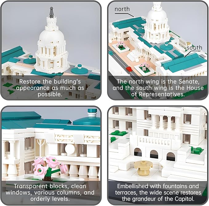 United States Capitol Building Blocks Set 1074 Pieces Washington D.C. Architecture Model Kit with Nameplate & Chain Fence USA Landmark Souvenir Gift Construction Toy for Adults & Teens