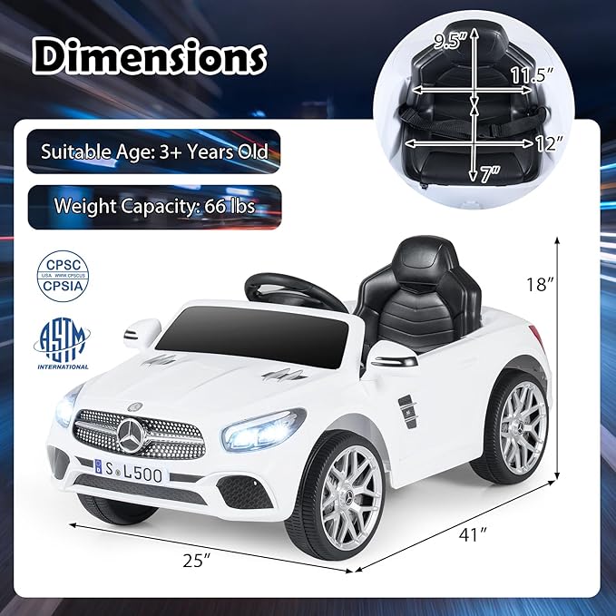 Costzon Ride On Car, 12V Licensed Mercedes Benz Electric Vehicles with Parent Remote Control, LED Headlights, Music & Wireless Connection, Kids Car for Boys Girls Aged 3-8 (SL500,White)