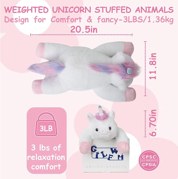GILFWM Weighted Stuffed Animals Unicorn - 20.5" Cute Toy Pillow Plushie Gifts for Kids Boys Girls & Adults, 3 lbs Soft Washable Plush Pillowfort