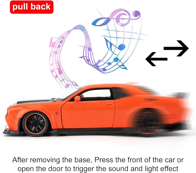 WAKAKAC Toy Cars Compatible for 1:32 Dodge Challenger SRT Hellcat Model Cars, Pull Back Die-cast Vehicles, Collectible Cars with Sounds＆Lights for Kids Boys Girls and Adults, Gift Orange
