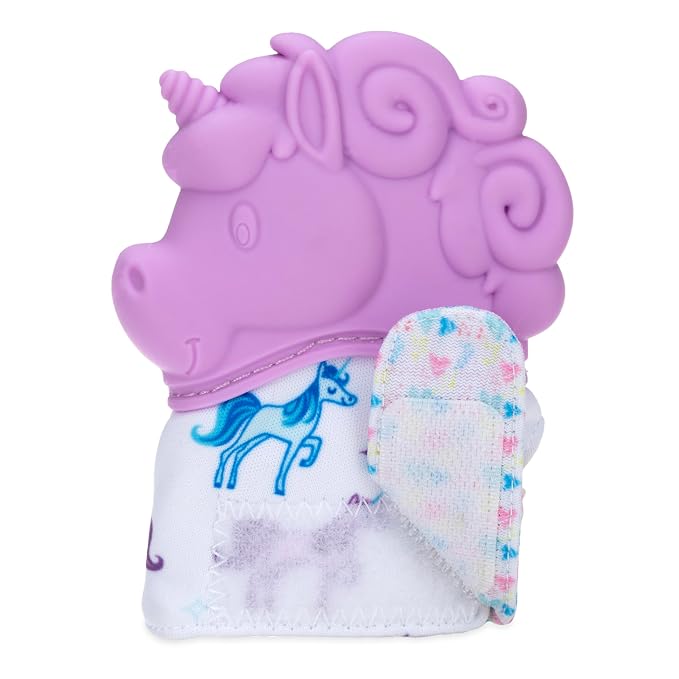 Nuby Happy Hands Silicone Teething Mitten for Babies - Soft Silicone Massaging Teether - Soothes Sore Gums - Easy-to-Wear and Machine Washable - 3+ Months - Unicorn