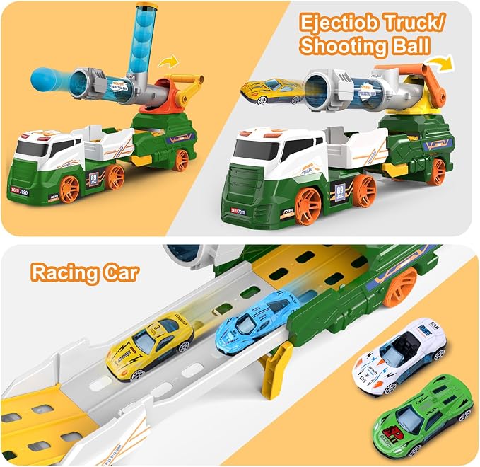 Dwi Dowellin Trucks Toys for Kids, 28" Large Car Toys Include 4 Racing Cars+6 Ball, with Light & Sounds, Eejection&Shooting Transport Cars Toy Truck, Birthday Gifts for Boys Girls-Green