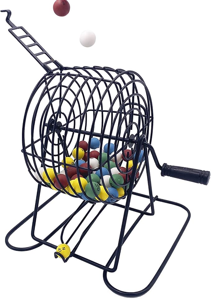 JUNWRROW Deluxe Bingo Game Set-Includes Bingo Cage,600 Colorful Plastic Chips with a Bag,100 Mixed Cards,75 Calling Balls with a Bag,Plastic Master Board-Ideal for Large Groups, Parties