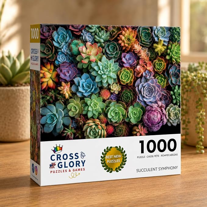 Cross & Glory - Succulent Symphony - 1000 Piece Jigsaw Puzzle for Adults | Premium Quality Colorful Artwork | Succulent Plant Puzzle