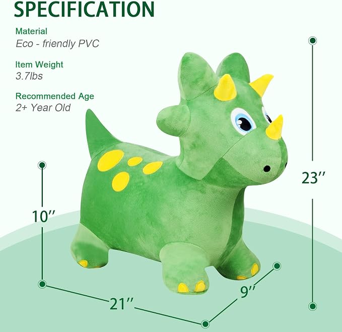 INPANY Bouncy Horse, Dinosaur Hopper Toys, Toddler Plush Bouncing Animal, Dinosaur Birthday Party Decorations, Inflatable Ride on Rubber Triceratops Bouncer, Outdoor for 2 3 4 Yr Boy Girl
