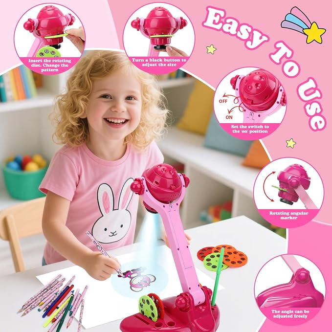 Sumsoltic Drawing Projector for Kids, Art and Craft Kit,Including Colored Pencils, Crayons, Coloring Books, Toys for 3+ Year Old Girls (Pink Drawing Kit v2)