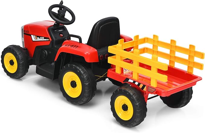 HONEY JOY Ride On Tractor with Trailer, Toddler 3-Gear-Shift Ground Loader, LED Lights, Horn, Music, 12V Battery Powered Electric Toy Tractor with Remote Control (Red)