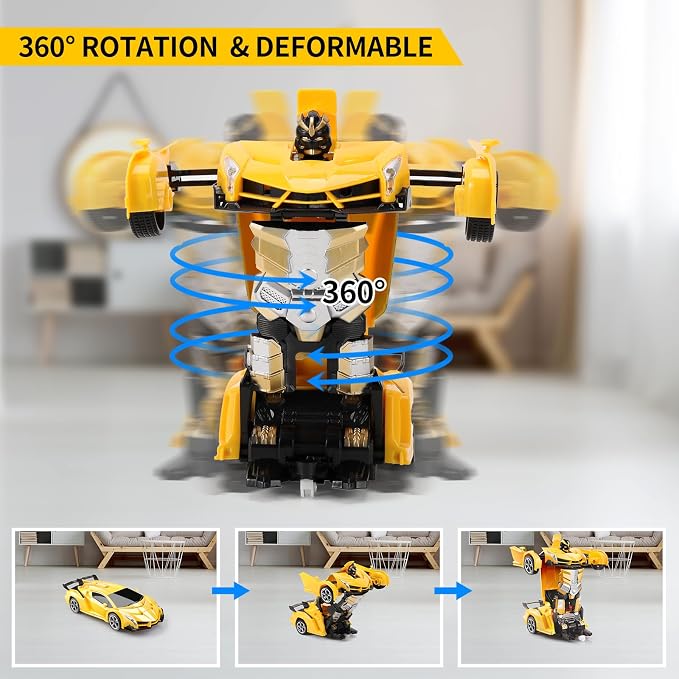Blackma Transform RC Car Toy - Remote Control Car with Flashing Lights, One-Button Deformation, 2.4GHz & 360° Rotation, Gift for Kids Boys Girls Ages 4-12 - Yellow