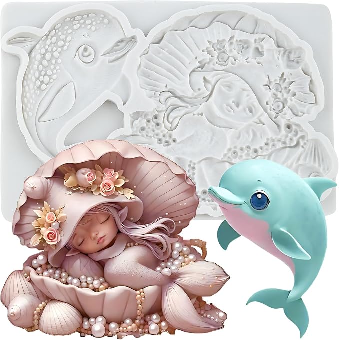 Mermaid Polymer Clay Molds Mermaid Dolphin Seashell Silicone Mold for Epoxy Resin Casting DIY Crafts Air Dry Polymer Crafts Supplies Clay Tools