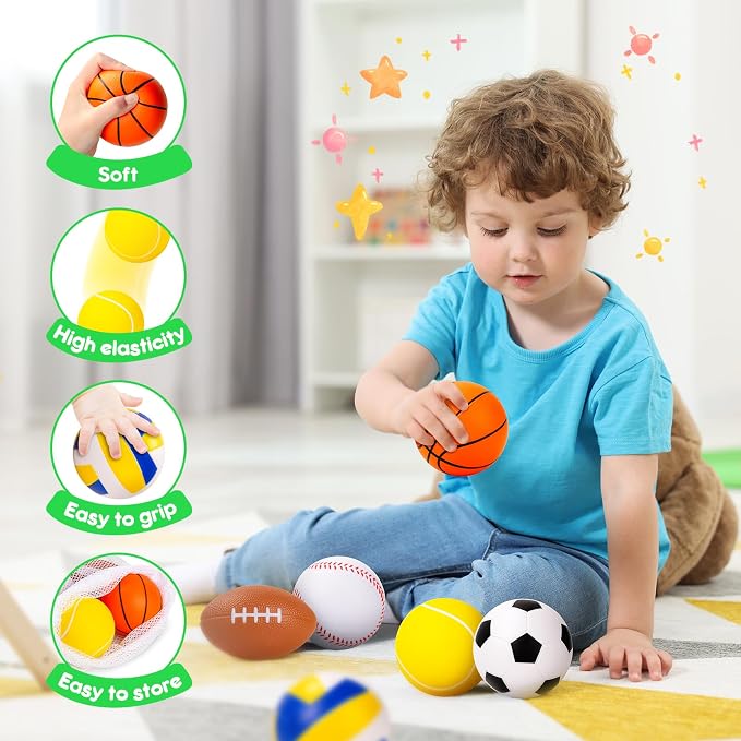 PlayZap 6 Pack Balls for Toddlers Kids, Foam Soft Balls Set, 3.5" Small Soccer Basketball Baseball Football Volleyball Tennis, Indoor Outdoor Sports Toys Gifts for Boys Girls