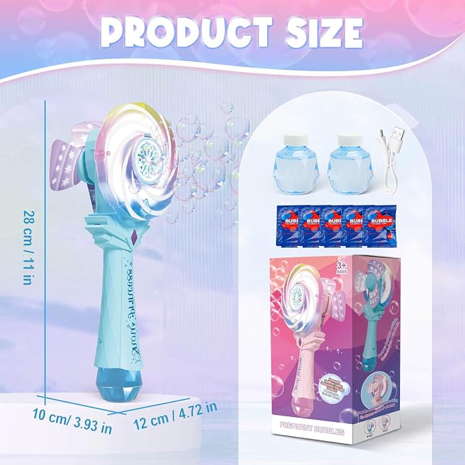 Bubble Wands for Kids Age 4-8: Windmill Light Up Automatic Bubble Machine Rechargeable with 2 Bubble Solution Outdoor Party Birthday Toys for Toddlers, Gift for 3 4 5 6 7 8 Year Old Girls Blue