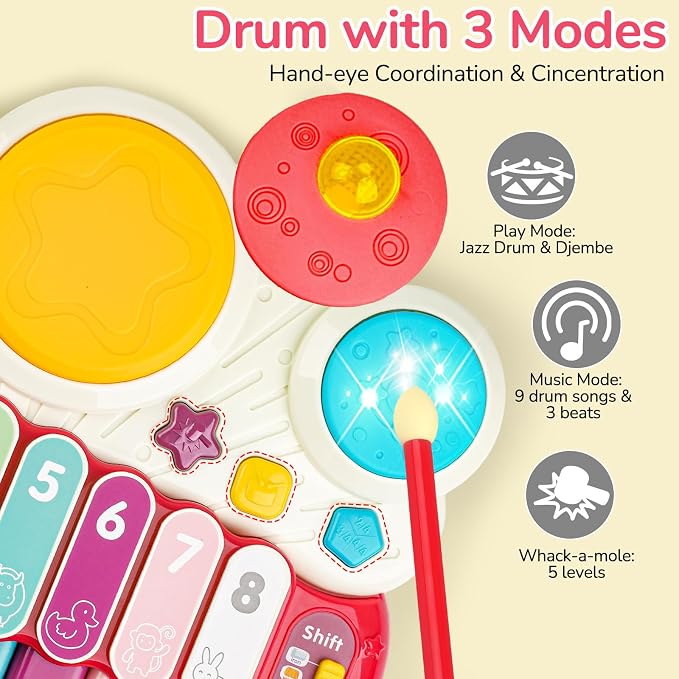 3 in 1 Musical Toys for Toddlers 1-3 Piano Xylophone Drum Set Toys for 1 2 3 Year Old Girls Birthday Music Instruments Baby Learning Developmental Sensory Toys Toddler Toys Age 1-2 2-3