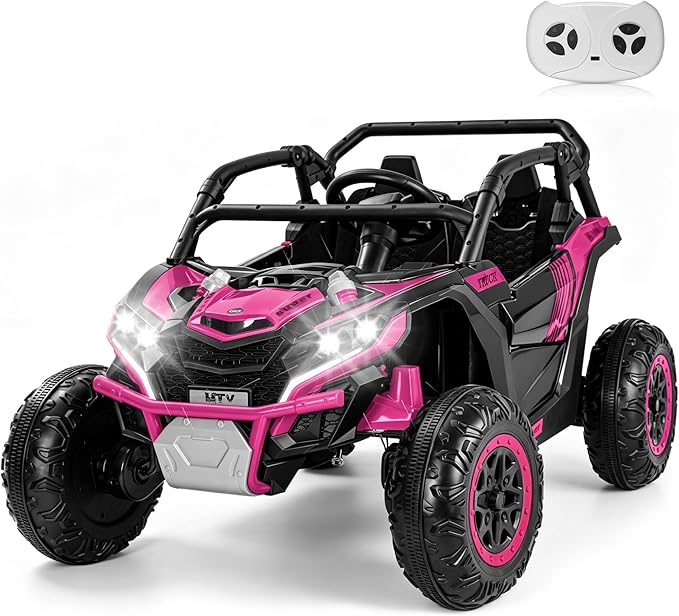 Firstness 24V Ride on Toys 800W Electric Remote Control Ride on Cars for Kids 2-Seater Riding Cars for Kids Ages 3-8, 3 Speed Mode, Music, LED Light, Off-Road UTV Ride on Truck for Boys & Girls, Pink