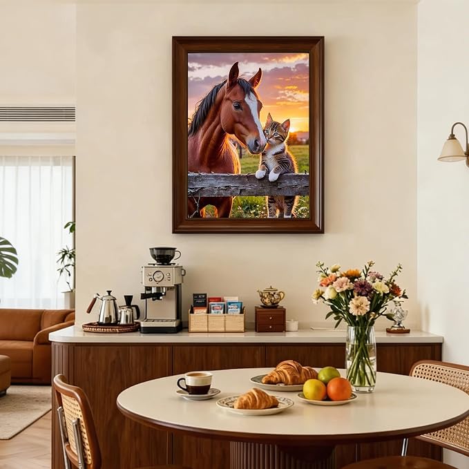 CHWGLFGG 5D Full Round Drill Diamond Painting Kit for Adults, Horse and Tabby Kitten Sunset Farm Diamond Art Canvas, DIY Paint by Diamonds Dot Gem Craft 12x16 Inch for Home Wall Decor