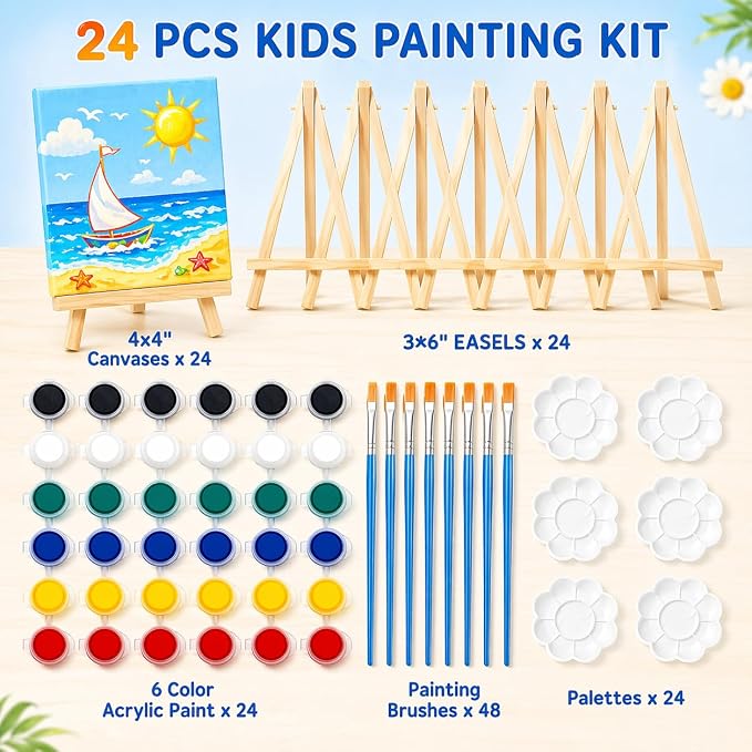 FLUXOJOY 24 Pack Kids Painting Kit, DIY Canvas Painting Set with Easels, Acrylic Paints, Brushes & Palettes, Summer Art Craft Kit for Kids Ages 4-8, Party Favors Classroom Activities Gift