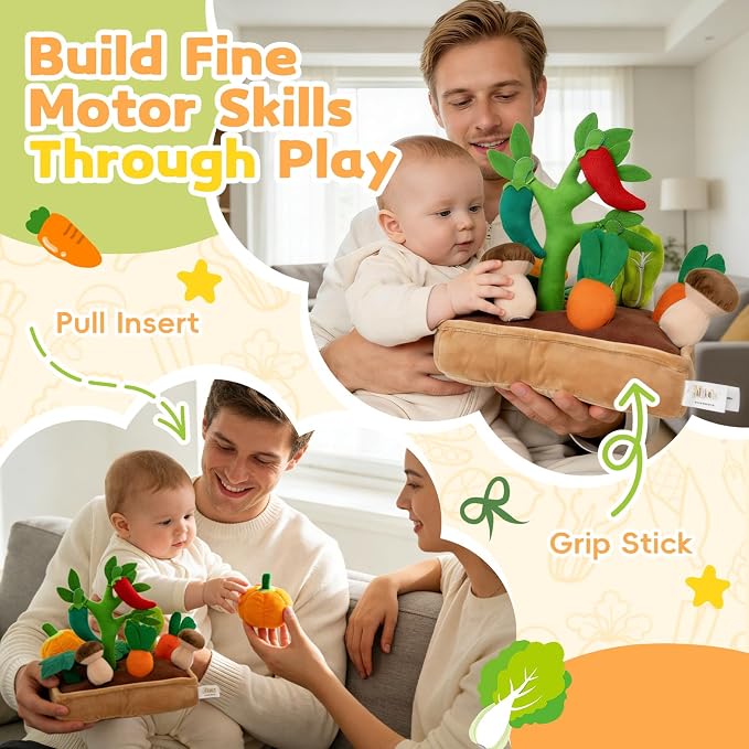 Jollybaby Baby Toys 6-12 Months - Vegetables Garden Plant Plush 11PCS - 6 Month Old Toys Montessori Sensory Toy Mushroom Carrot Boy Girl Gifts Toddler Easter Basket Stuffers