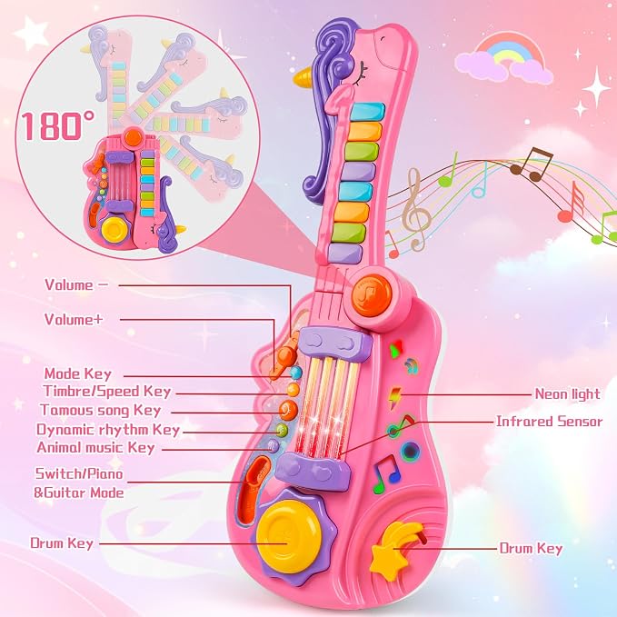 M SANMERSEN 3-in-1 Toddler Guitar Toys for Kids with Piano Drum, Electric Musical Toy with Strap Light Up 3 4 5 Year Old Boys Girls Gifts