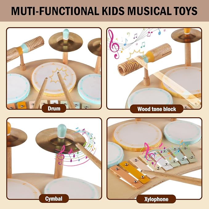 Toddlers Drum Set Toys for Toddlers 2-3,Baby Drum with Xylophone,Musical Instruments Toy, Kids Wooden Montessori Toys Birthday Gift for 18+ Months Boys Girls