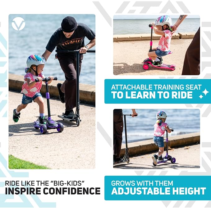 Vital Tyke 3 Wheel Toddler Scooter | LED Wheels, Foldable, Tool-Free Adjustable Handlebar & Removable Seat Scooters for Kids 3-5 and kick Scooters for Kids 5-7 up to 110lbs