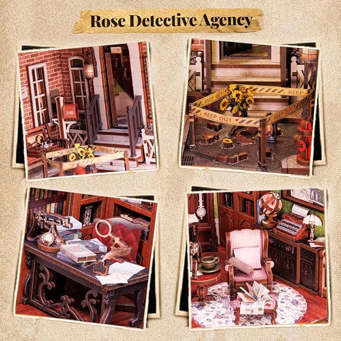 Cutefun Book Nook Kit, DIY Miniature Dollhouse Booknook for Adults, 3D Wooden Puzzle Bookend Bookshelf Insert Decor with LED Light, Gift for Craft Lovers (Rose Detective Agency)
