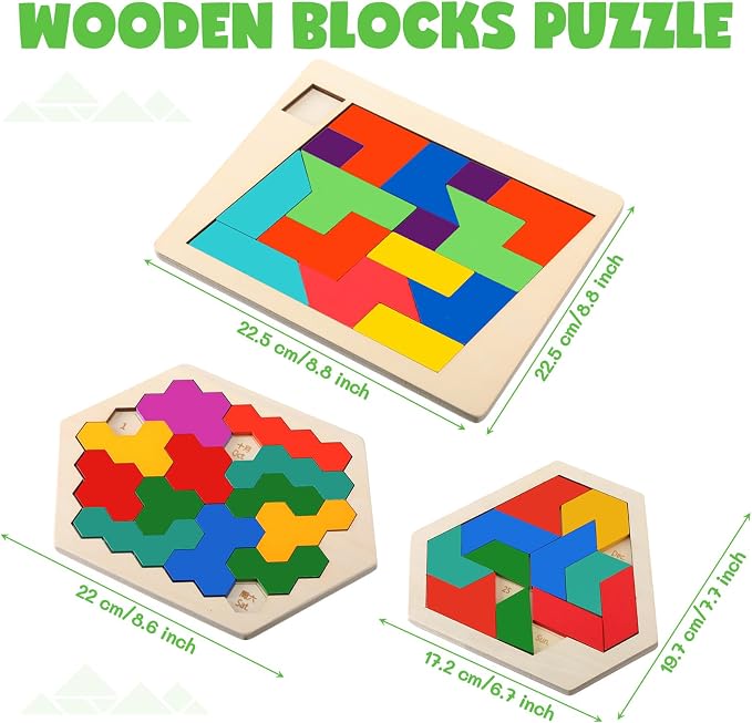 Yunsailing 3 Pack Large Wooden Blocks Puzzles Hexagon Tangram Puzzle Wooden Russian Brain Puzzles for Adult Challenge Teasers Geometric Jigsaw Logic Iq STEM Educational Gift Graduation(Multilateral)