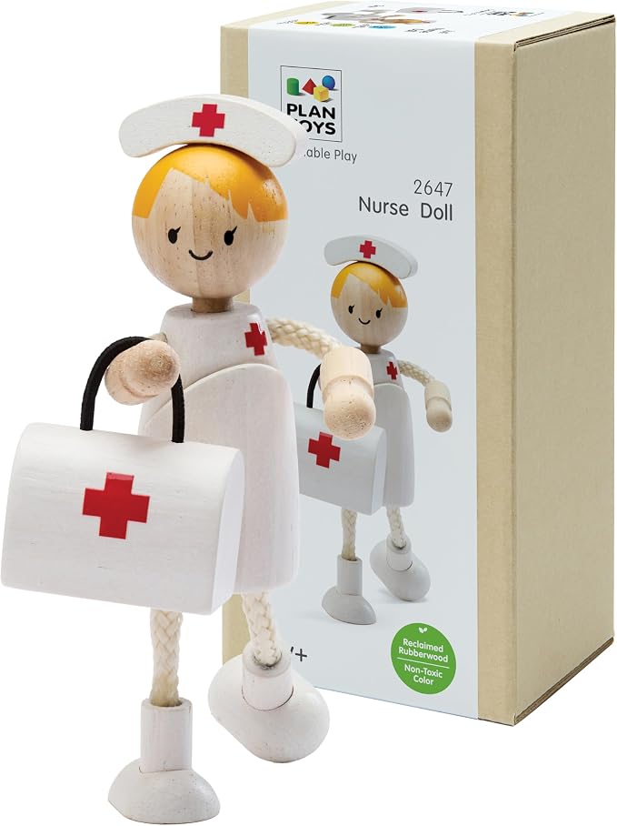 PlanToys® Wooden Nurse Doll | Poseable 1:12 Scale Character Figure for Dollhouse Play, Caregiving & Social Interaction | Eco Friendly Montessori Pretend Play Figure