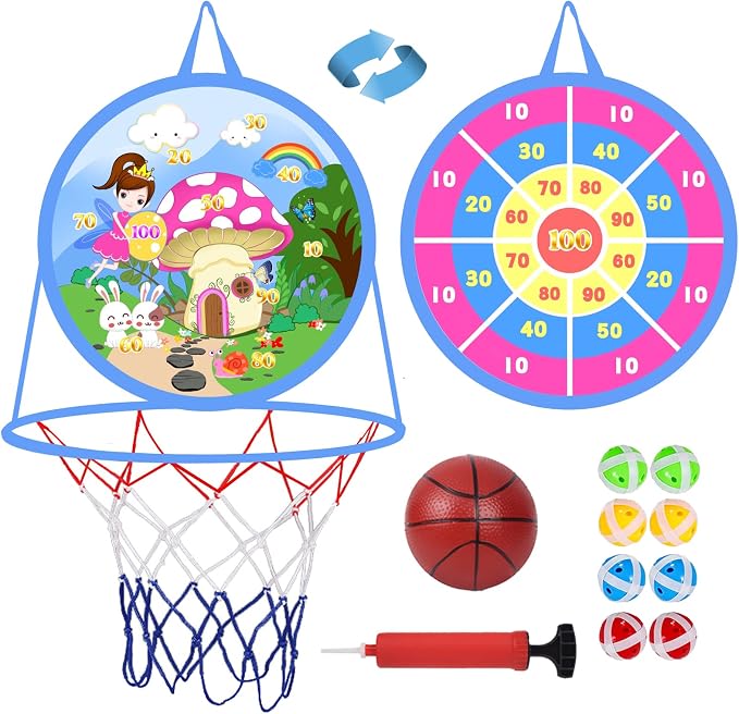 2 in 1 Basketball Hoop and Dart Board, 14" Dart Board for Kids, Basketball Hoop for Kids Toddlers, Sports & Outdoor Play, Birthday Gift Toys for 3 4 5 6 7 8 9 10 Year Old Boys Girls Kids, Party Favors