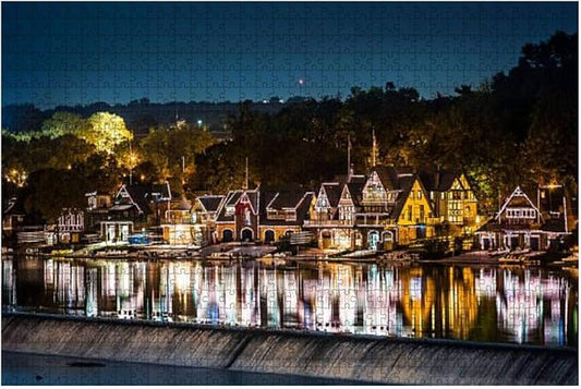 Boathouse Row in Philadelphia at Night Historic Architecture Stock Jigsaw Puzzles 1000 Piece for Adults Educational Toy for Kids Challenging Games Entertainment Wooden Puzzles Home Decor