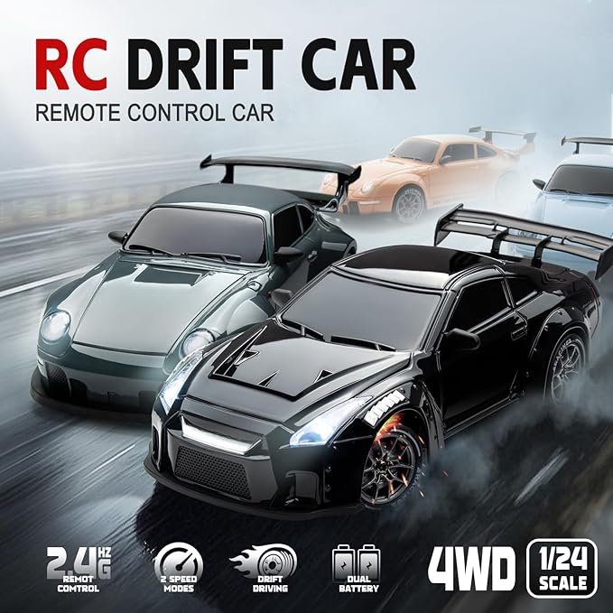 RC Drift Car, 1:24 Scale Remote Control Vehicle with LED Lights, 2.4GHz 20KM/H 4WD High Speed RC Cars, Drifting Tires＆Two Batteries, Racing Sports Toy Idea Gift for Adults Boys Girls and Kids (Black)