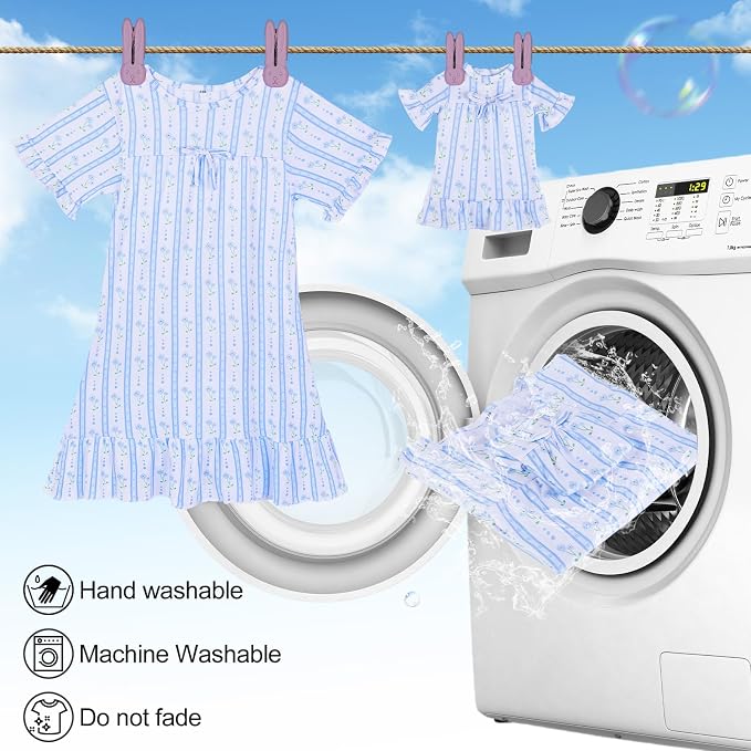 MHJY Matching Girls & Doll Nightgowns Vintage Short Sleeve Sleepwear Pajamas Dress for Girls and 18" Girl Doll