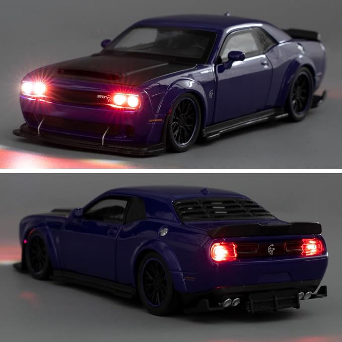 WAKAKAC Toy Cars 1:32 Compatible for Dodge Challenger SRT Hellcat Model Cars, Pull Back Die-cast Vehicles, Collectible Cars with Sounds＆Lights for Kids Boys Girls and Adults, Gift Purple