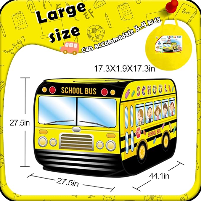Pop Up Play Tent for Kids Aged 3-5 Years Old Boys and Girls : School Bus Tent Playhouse Toy Play Tents for Toddlers 3-5 Kids Tent Indoor Outdoor Playhouse Toys for 3 + Year Old, School Bus