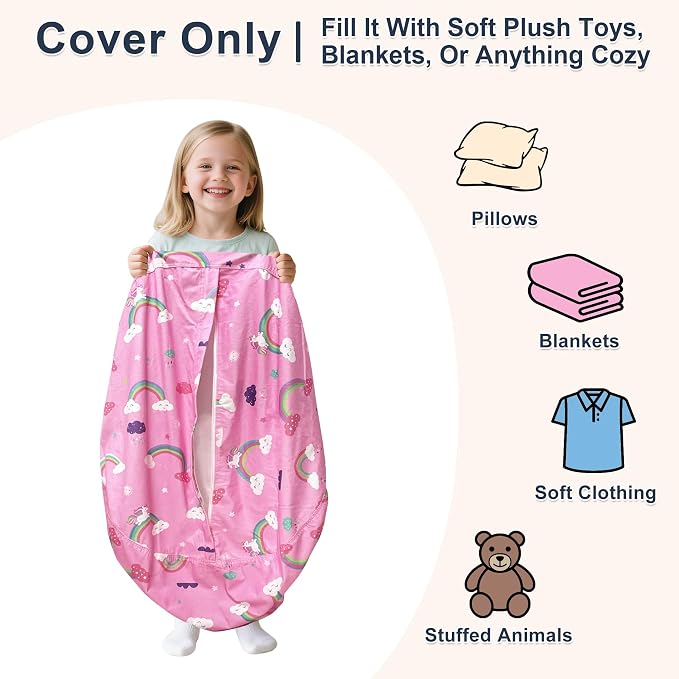 Lukeight Unicorns Stuffed Animals Storage Bean Bag Chair Cover for Kids Toddlers, Cozy Velvet Plush Toy Organizer Seat, Cover Only, No Filling Included, Long YKK Zipper, Side Pocket, Large 27 x 16 in