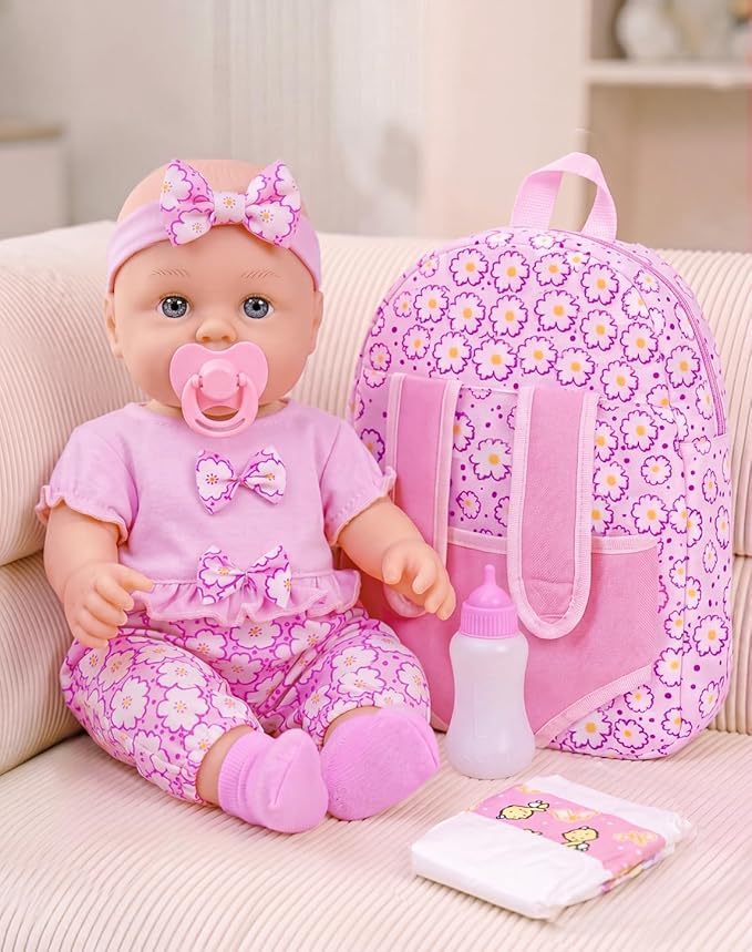 UZIDBTO 12 Inch Baby Dolls with Backpack Carrier Can Store Doll Clothes and Accessories,12" Reborn Baby Doll Set in Gift Box with Feeding Bottle Nipple Diaper for Kids Toddler Age 3+