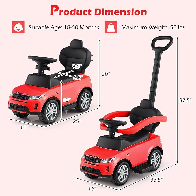 Licensed Push Car for Toddlers by INFANS, 3 in 1 Sliding Walking Car with Push Handle, Horn, Music, Underneath Storage, Foot-to-Floor Ride on Toys for Boys Girls (Red)