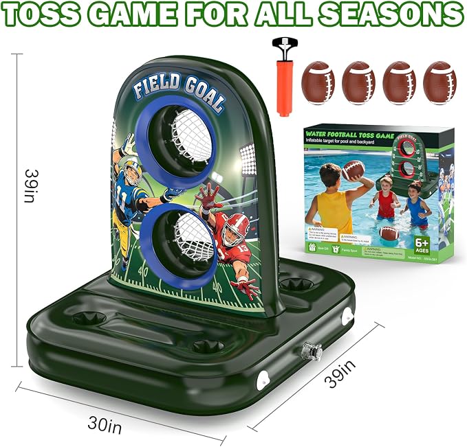 Pool Football - Inflatable Pool Toys for Kids Ages 8-12 with Stable Base and 4 Balls - Water Football Target, Outdoor Backyard & Beach Games for Kids Teen Adult Family, Summer Party Birthday Gift