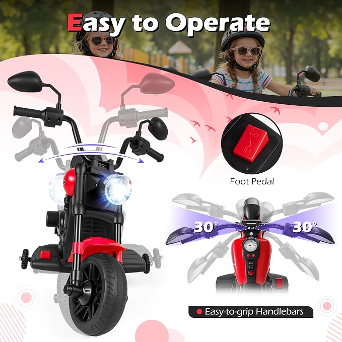 Costzon Kids Motorcycle, 6V Chopper Motorbike Ride on Toy with Headlight, Music, Training Wheels, Electric Toddler Motorcycle for Kids Boys Girls, Gift (Red, 31" x 23" x 22"(L x W x H))